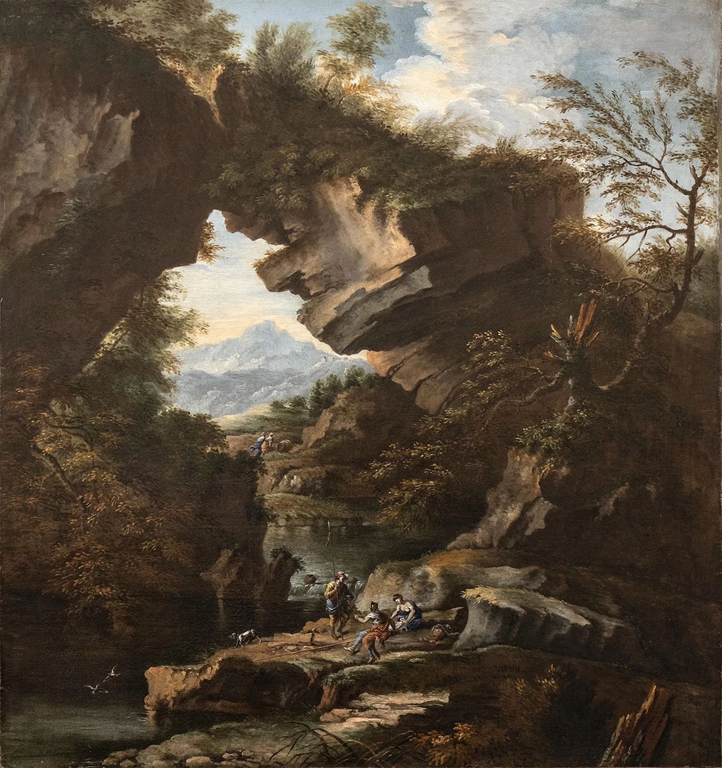 Paesaggio con grande arco roccioso e figure
